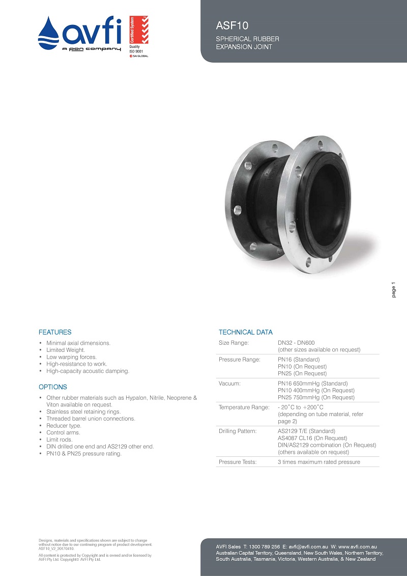 澳大利亞AVFI-ASF10橡膠軟接頭標準